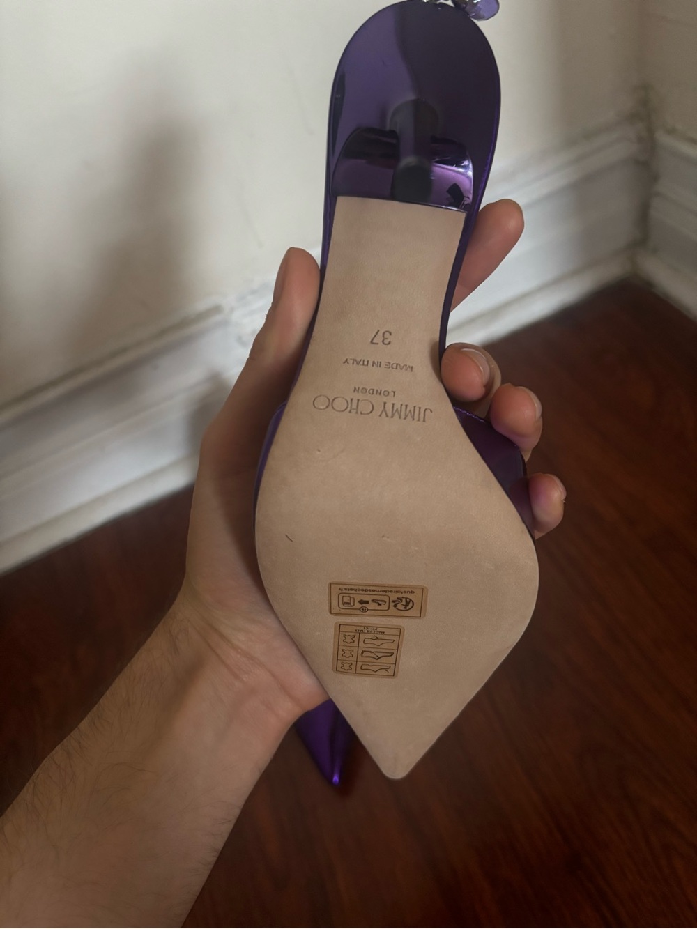 Jimmy Choo Metallic Purple Pointed-Toe Stiletto Heels with Crystal Ankle Chain - Picture 7 of 7